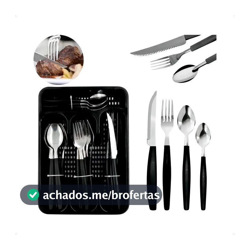 Conjunto faqueiro 25 Peças Porta Talher Jogo De Talheres Preto
