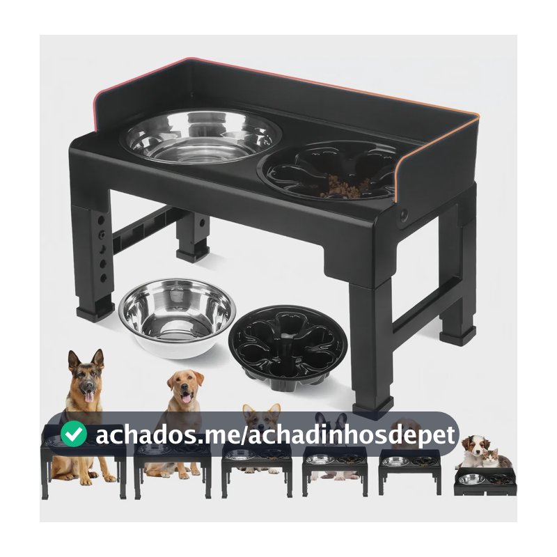 Comedouro Bebedouro Elevado Cães Regulável Dobrável Preto Preto