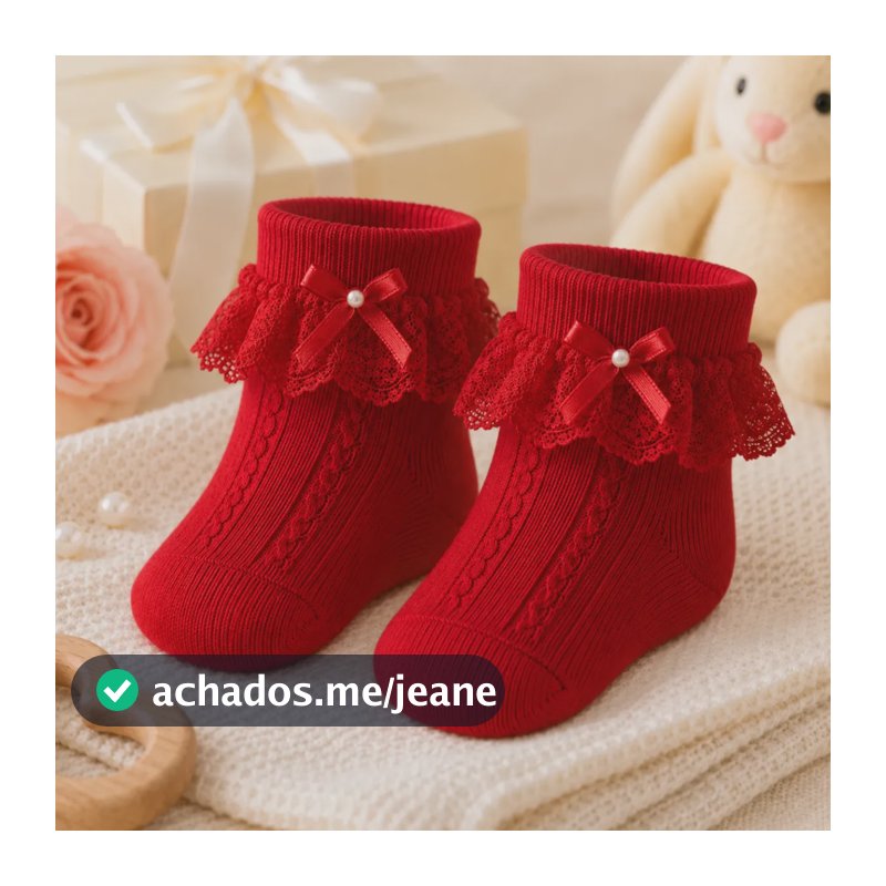 Meia Soquete Rendada Infantil Bebe Batizado Social Festa Nfe Vermelho 0 - 16 Ao 19