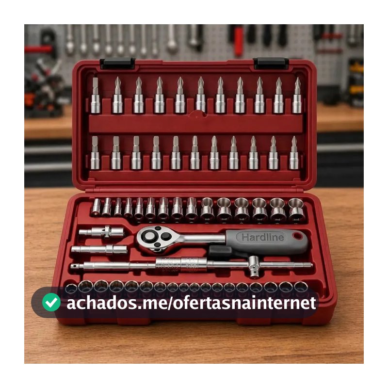 Kit Jogo de Ferramentas 46 Peças Catraca Soquetes Bits Fenda Phillips Allen Extensores com Maleta para Oficina Mecânico Casa Carro Reparos Manutenção Portátil Compacto Hardline