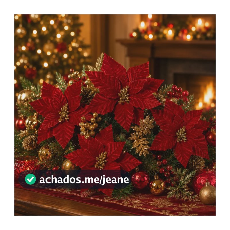 Flor Natalina Vermelha Poinssétia Detalhes Dourados 26cm Vermelho Poinsetia Kit