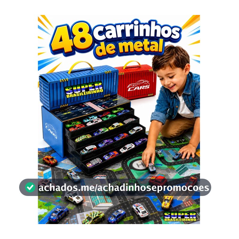 Maleta 48 Carrinhos + Tapete Pista 40x60 Estacionamento Brinquedo Infantil Presente Criança - Super Brasileirinho