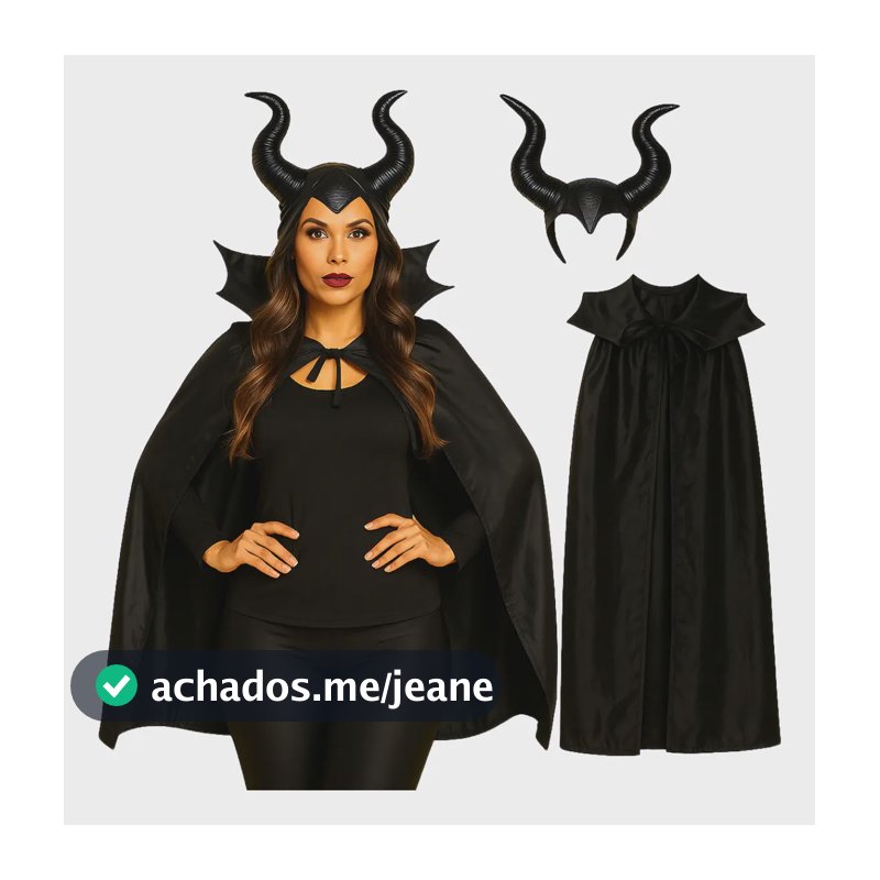 Fantasia Malévola Feminina Bruxa Tiara Halloween Adulto Preto Único
