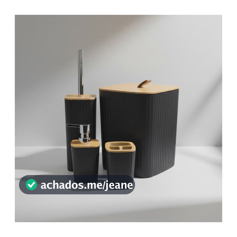 Kit Banheiro Bambu Completo Lixeira Porta Escova Sabonete Quadrado Preto
