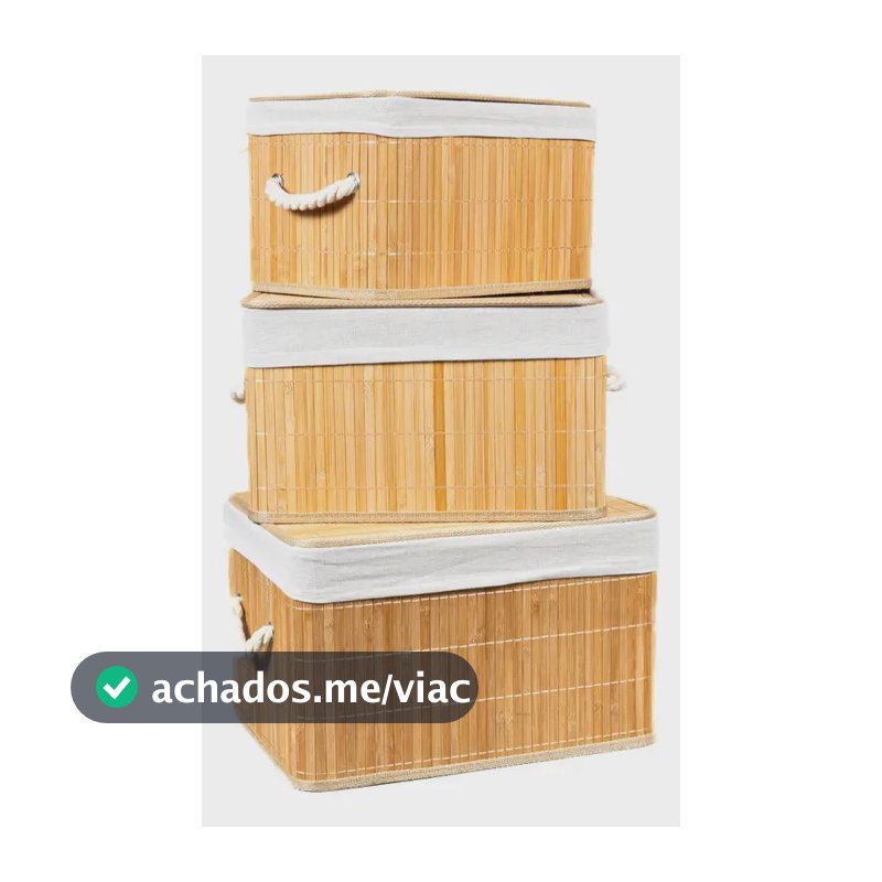 Kit 3 Caixa Cesto Organizador Bambu Tampa Linho 33 36 39cm