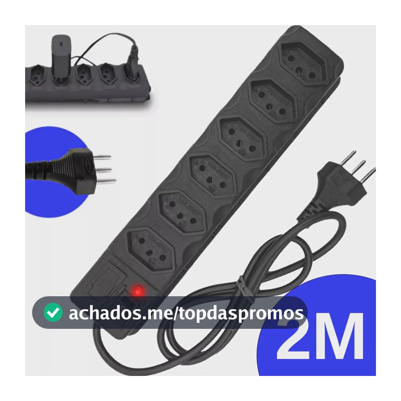 Régua Extensão Elétrica 6 Tomadas Filtro Linha 10a Cabo 2 Metros