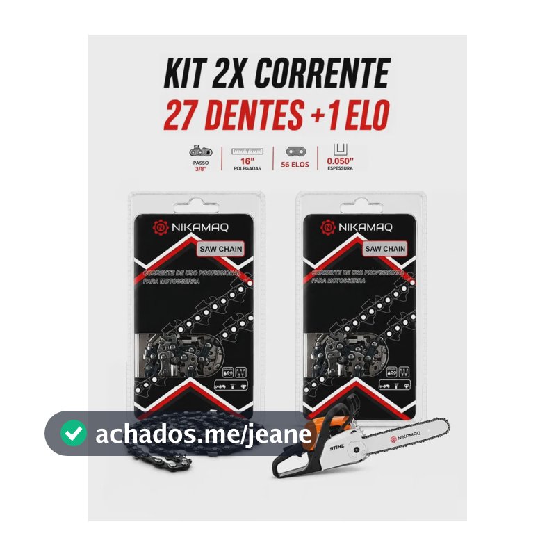 Kit 2 Corrente 27 Dentes + 1 Elo Para Motosserras Stihl Ms025 250 Compatível Com Sabre De 16 Polegadas 1,3mm Passo 3/8 Ms162 Ms170 Ms172 Ms180 Ms182 Ms210 Ms212 Ms230 Marca Nikamaq Profissional