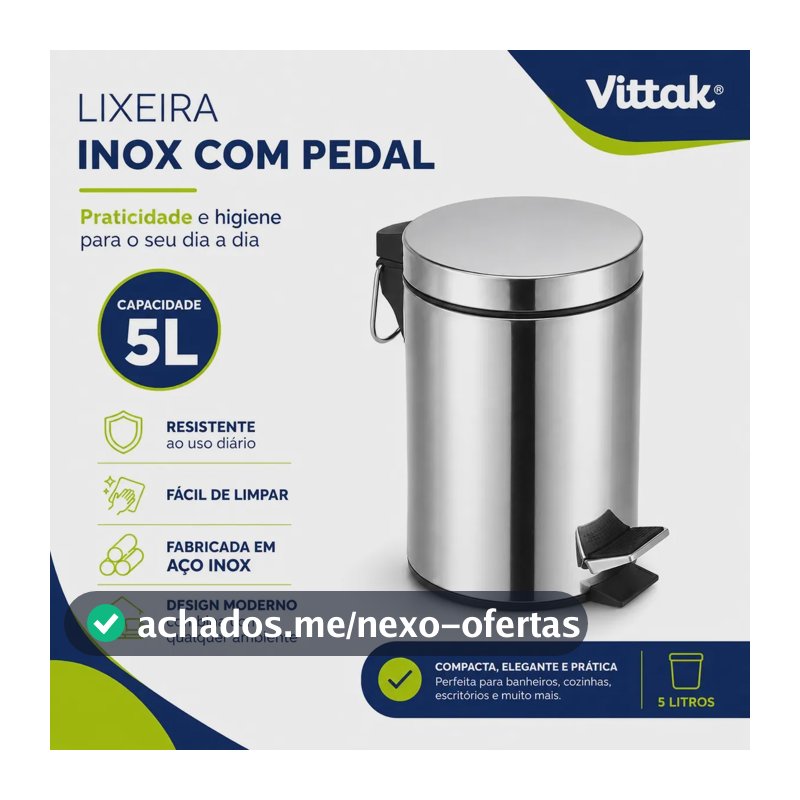 Vittak Lixeira 5 Litros De Aço Inox Redonda Cesto Balde Banheiro Casa Lixo Cor Cinza