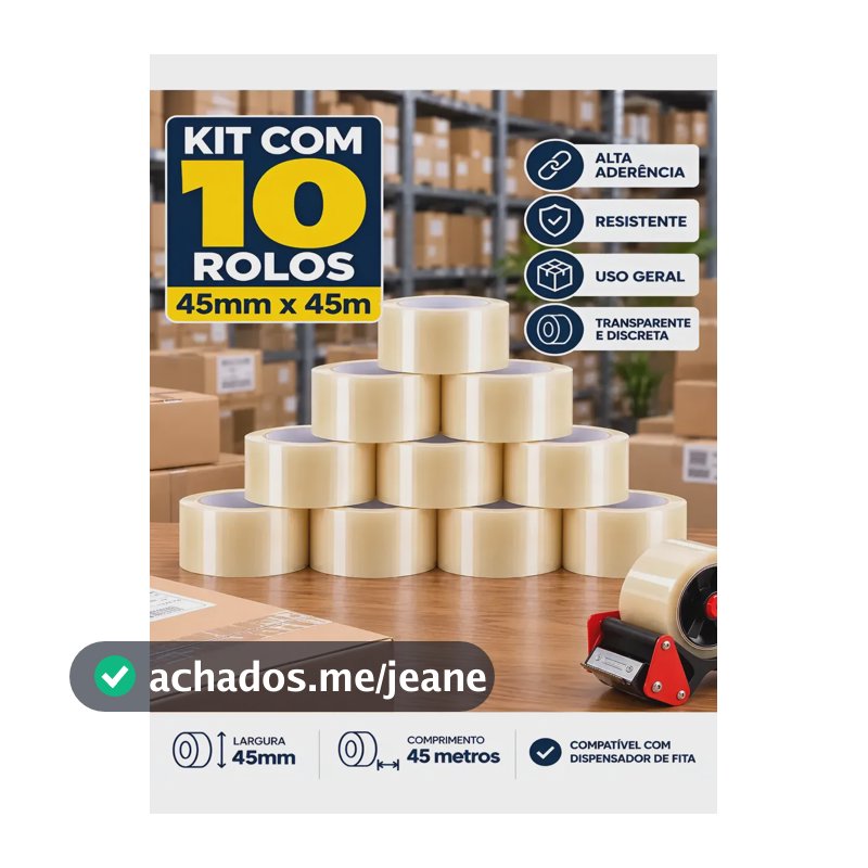 Kit 10 Rolos Fita Adesiva Transparente 45mmx45m Alta Fixação Transparente