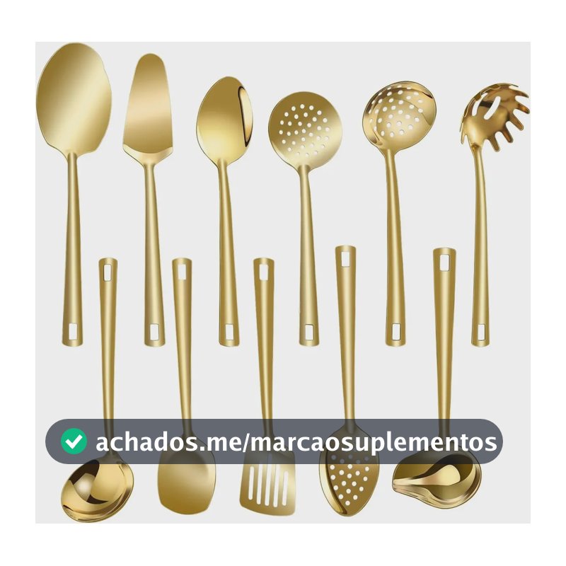 Kit 11talheres Grandes Dourado Utensílios Servir Salada Inox Dourado