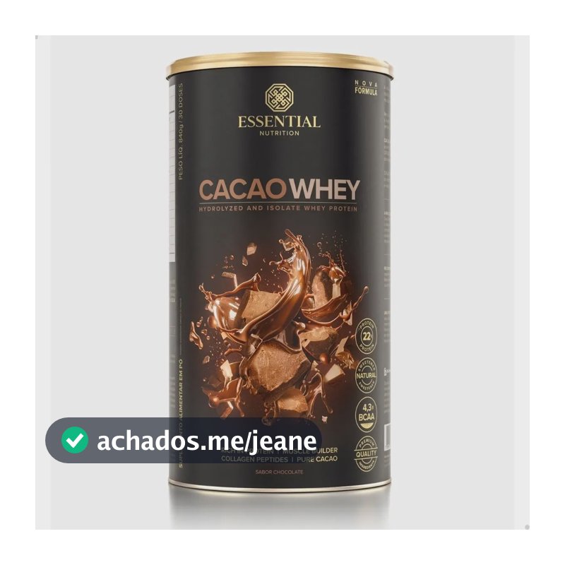 Cacao Whey Hidrolisado e Isolado Sabor Chocolate da Essential Nutrition 840g Com 30 Doses