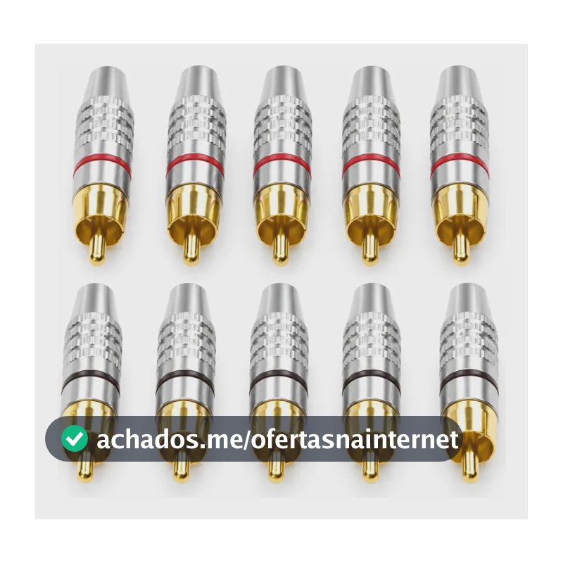 Plug RCA Macho Kit 10 Unidades Bertô Metal Niquelado Ponta Banhada a Ouro, 5 Anéis Vermelhos e 5 Pretos, Encaixe Firme, Nota 4.8 em 469 Avaliações, Ideal para Som Automotivo, Home Theater e Cabos Pers