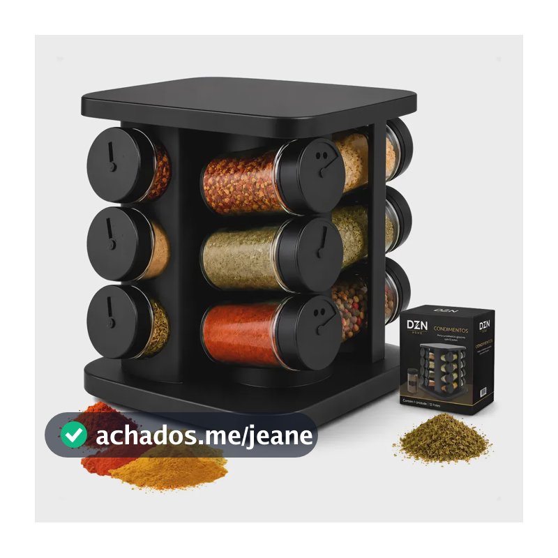 Porta Temperos Condimentos Giratório Kit 12 Potes De Vidro Preto