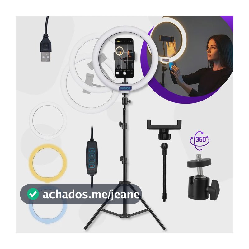 Ring Light 10 Polegadas Com Tripé 2,10m Profissional Video Maker Suporte Celular E Led 3 Cores Iluminação Maquiagem E Gravações Luxside