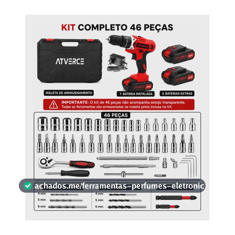 Parafusadeira Furadeira de Impacto Atverce, sem Fio, com 2 Baterias e Kit 46 Peças