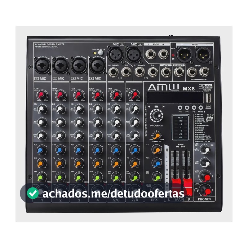 Mesa de Som Analógica AMW MX8 v2 8 Canais Bluetooth USB Reverb Delay