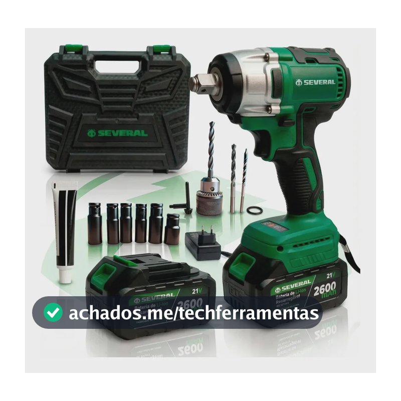 Chave De Impacto Parafusadeira Furadeira Recarregável 21v Several 2600mah Maleta Ferramentas Verde