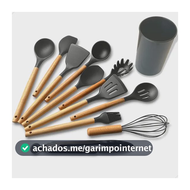 Kit C/12 Utensílios De Cozinha Silicone Cabo Madeira