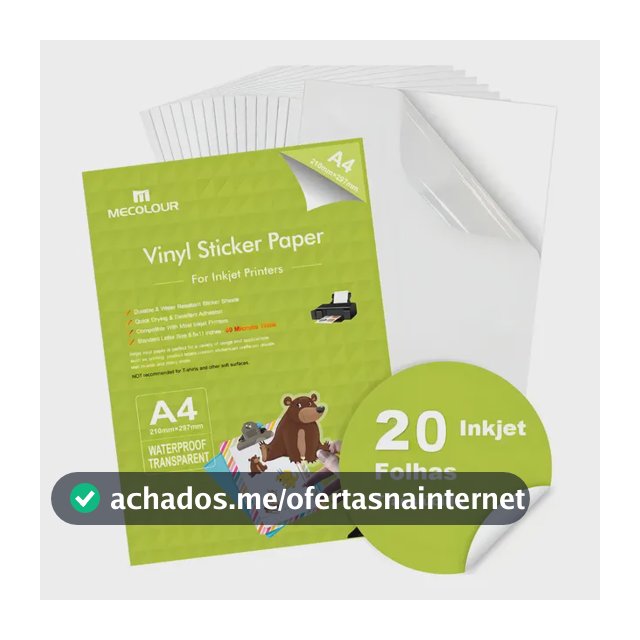 Vinil Adesivo Mecolour Branco Translúcido A4 Resistente À Água 20 Folhas