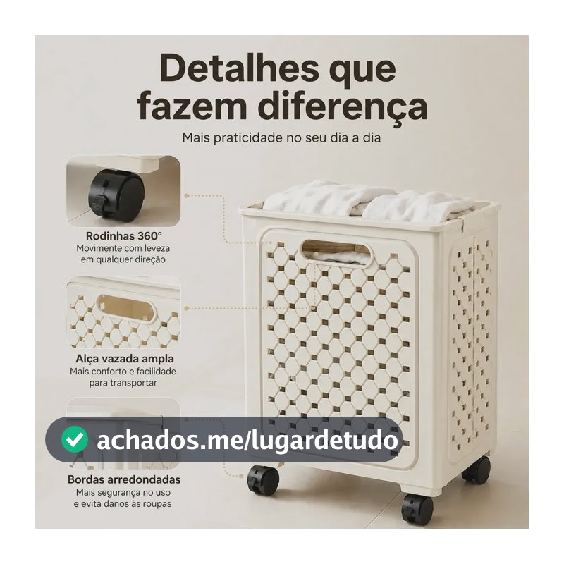 Cesta De Roupa Suja Dobrável Com Rodízios 360° Para Banheiro