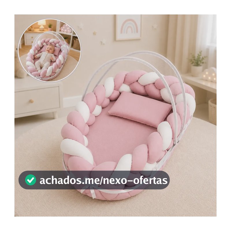 Kit Ninho Redutor Trança + Mosquiteiro + Travesseiro Bebe Rosa
