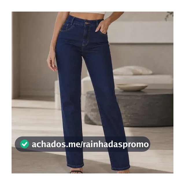 Calça Jeans Reta Feminina Elastano Cintura Alta Clássica  Azul-escuro Liso 44