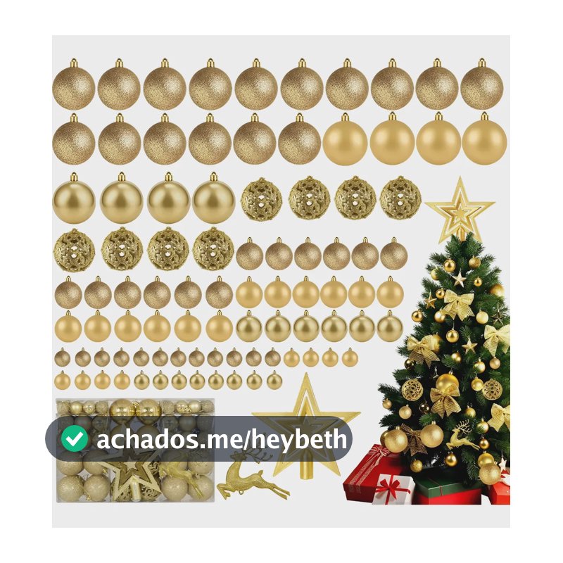 Kit 102 Bolas De Natal Ponteira Glitter Enfeite Topo Árvore Dourado