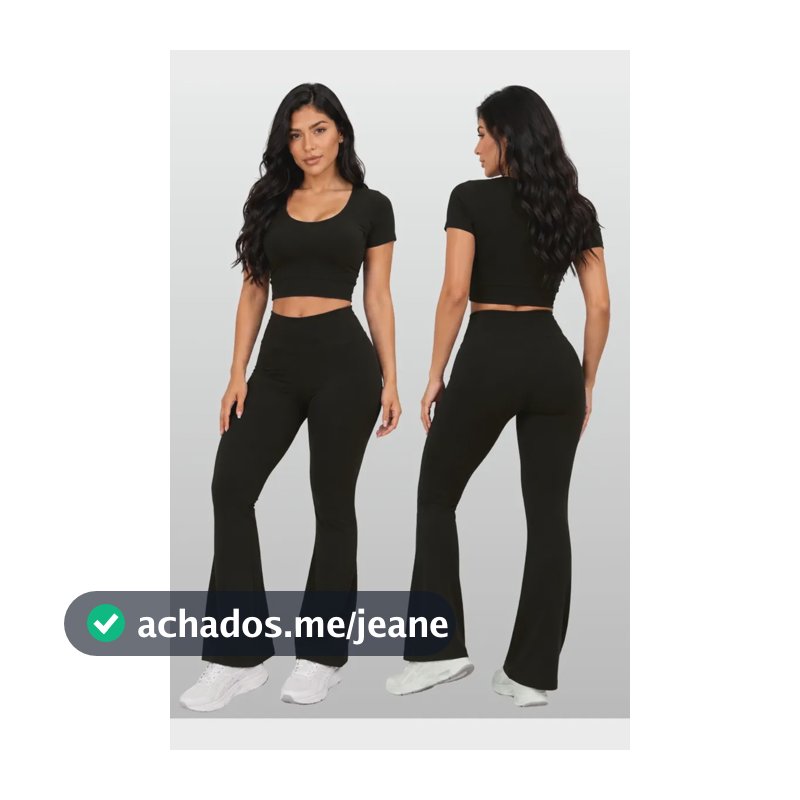 Conjunto Feminino Top Manga Curta Calça Legging Flare Treino Preto G