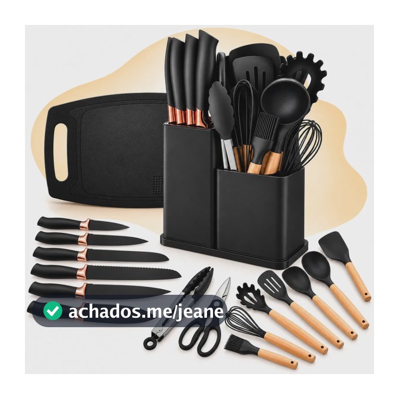 Kit 19 Utensílios de Cozinha em Silicone com Cabo de Madeira para Preparo