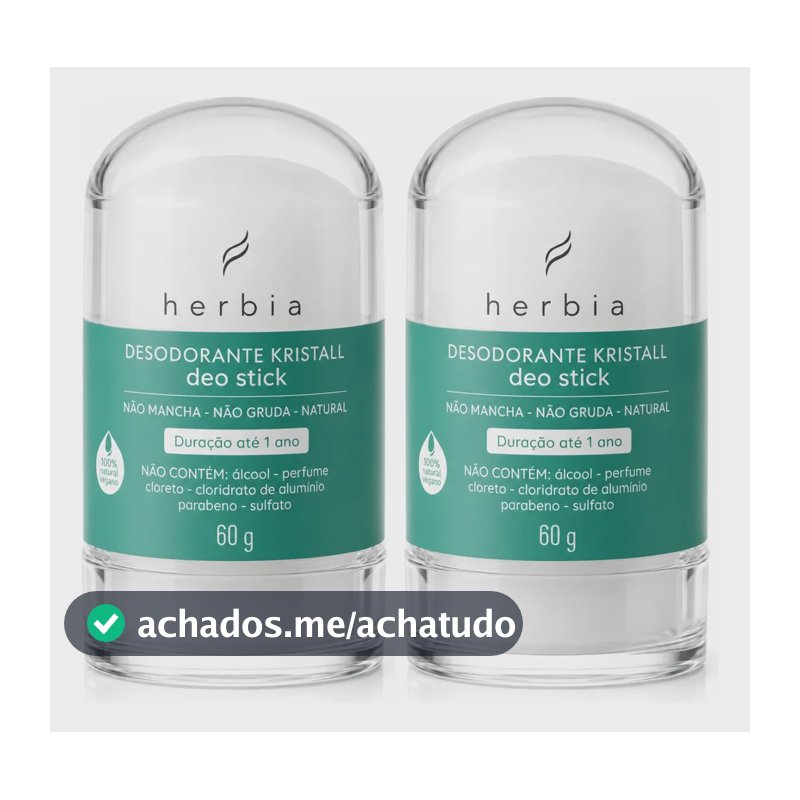 Kit 2 Desodorante Pedra Sal Cristal Vegano Herbia Kristall Deo Stick 60g Sem Alumínio Sem Perfume Natural Sem Parabenos Antiodor
