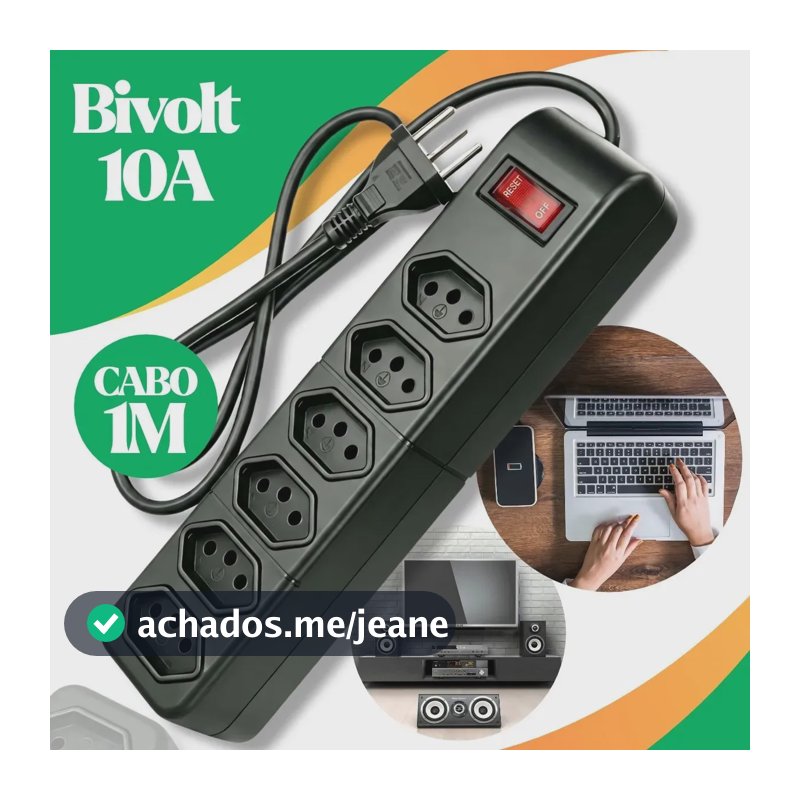 Filtro De Linha Regua extensao 6 Tomadas 10a Cabo 1m Prot. Sobretensão Preto