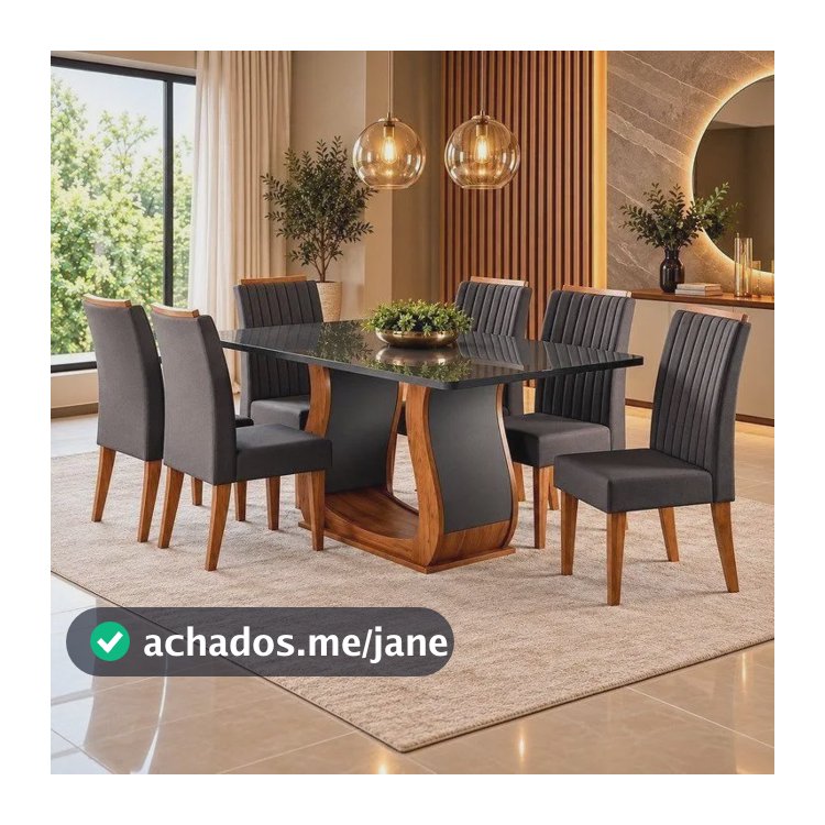 Mesa De Jantar 160x80cm Tampo Com Vidro 6 Cadeiras Fj Mel/cinza