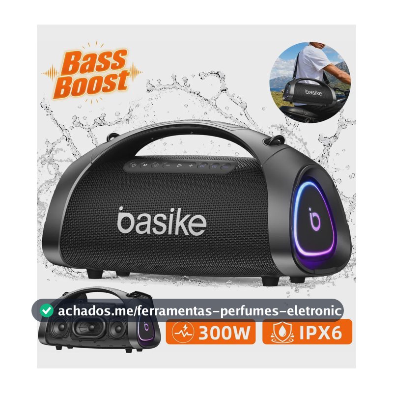 Caixa de Som Bluetooth 300W Basike Caixa Som Portátil Ba-RAD134 30000mAh Ipx6 Boombox Subwoofer Com RGB Luzes LED, Power Bank