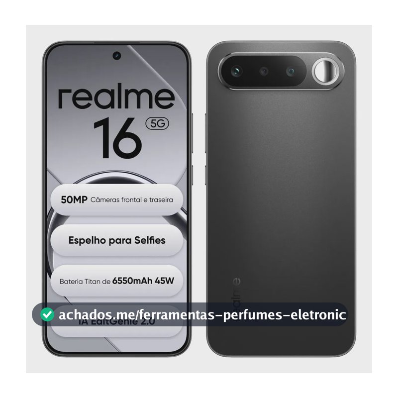 Smartphone Celular Realme 16 5g 256gb 12gb Ram Dual Sim Câmera De 50mp Lumacolor Image Espelho para Selfies Bateria 6550mah, Resistência à água Ip69 Pro, 4200nit Amoled Preto