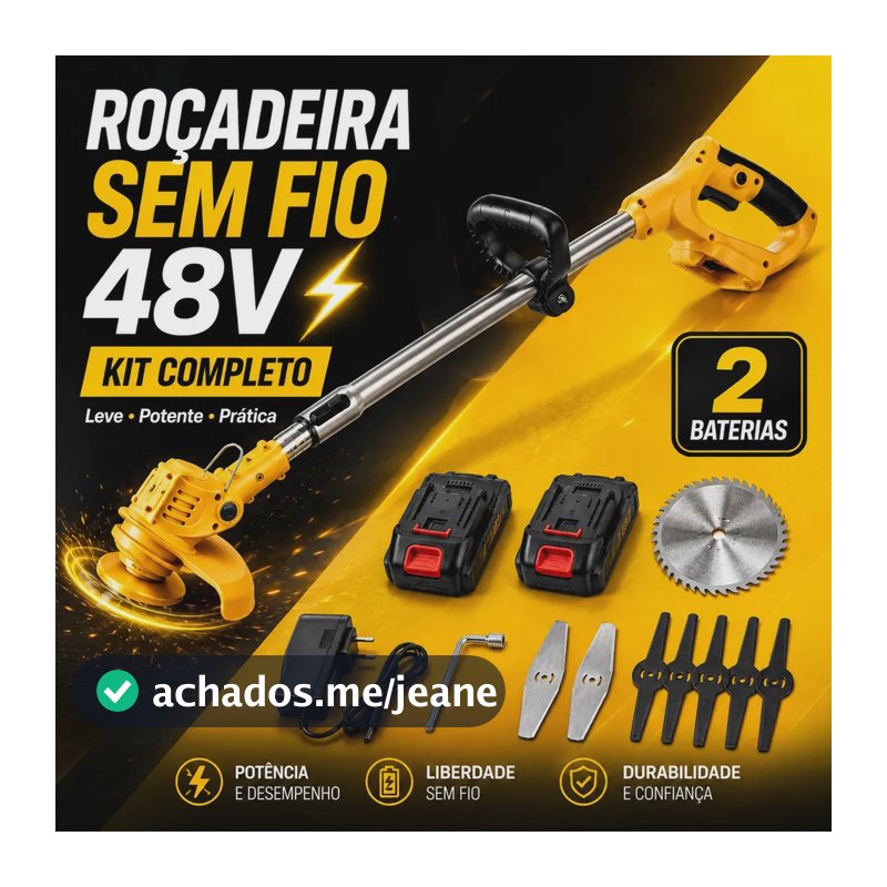 Roçadeira Elétrica Sem Fio 48V Aparador Cortador de Grama Mato e Capim a Bateria Recarregável com 2 Baterias Kit Completo Bivolt Amarela