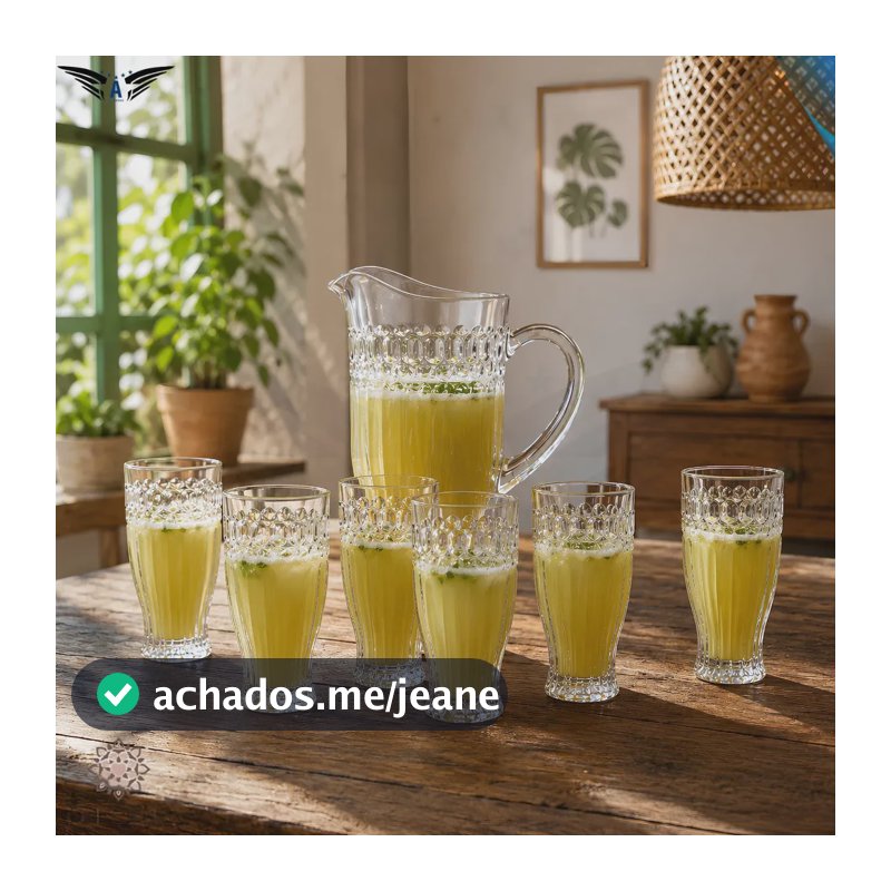 Jogo Jarra 1,15L E 6 Copo 300ml Vidro Madri Luxo Conjunto de Servir Mesa Posta ÓH CÉUS Aletronix