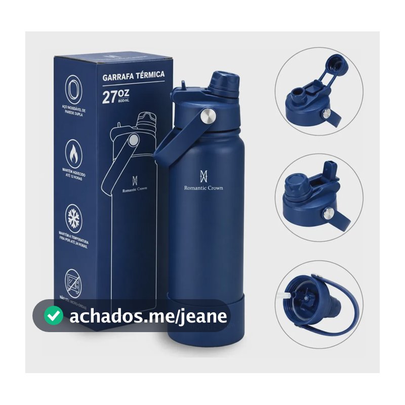Garrafa Térmica Inox 800ml Bico Duplo Com Canudo Alça Carro Azul