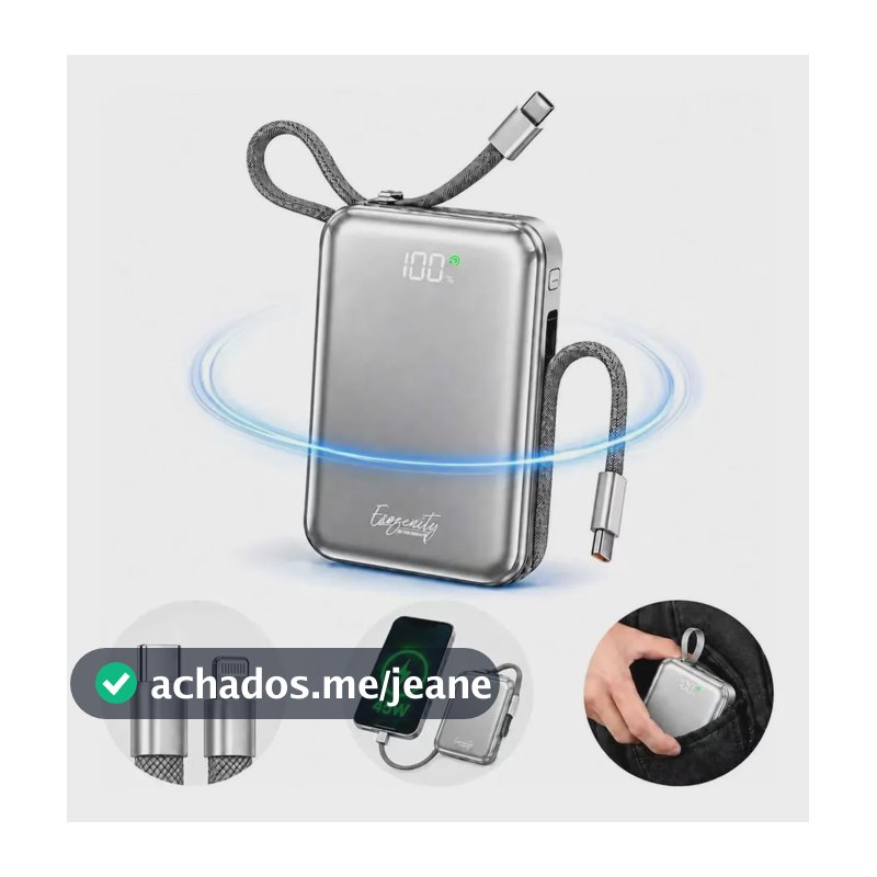 Power Bank 20000mAh Carregamento Rápido 45W, com Cabos USB-C e USB-A, para iPhone e Galaxy