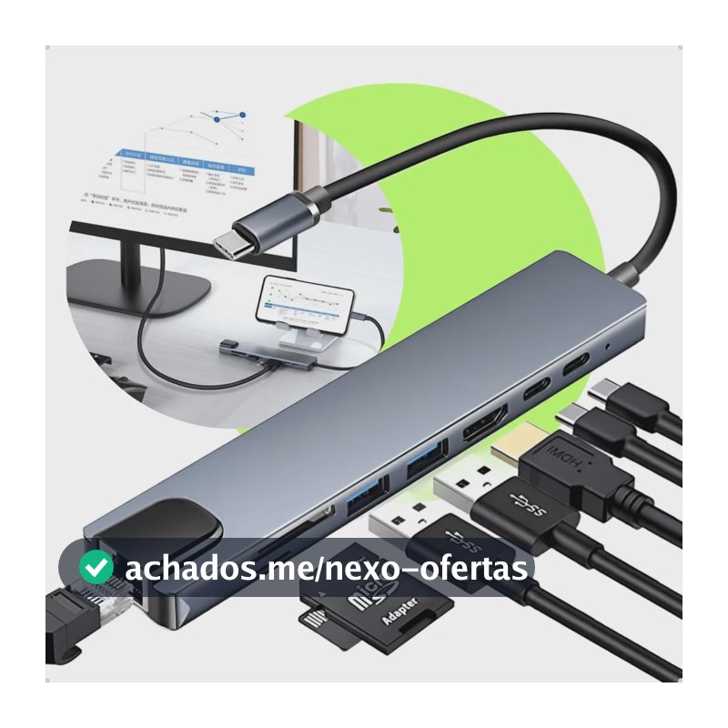 Adaptador Hub USB-C 8 Em 1 Adaptador Multiportas Macbook Pc Notebook