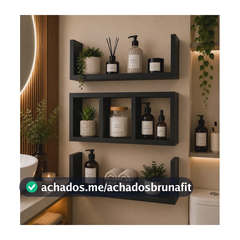 Nicho Para Banheiro Mdf Kit 3 Peças Organizador Parede Preto