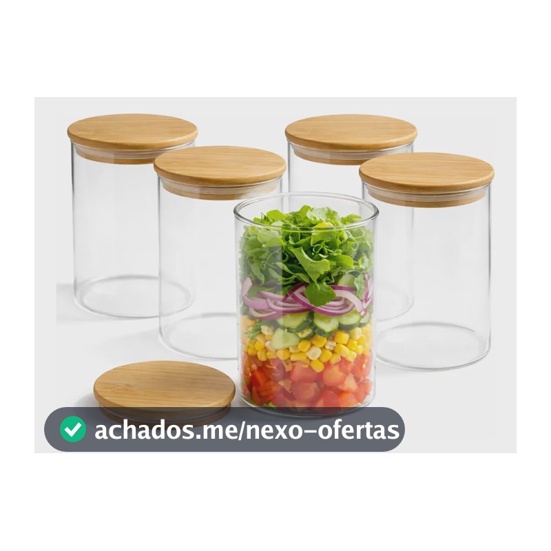 Jogo 5 Pote De Vidro Para Salada Com Tampa De Bambu Molho Transparente
