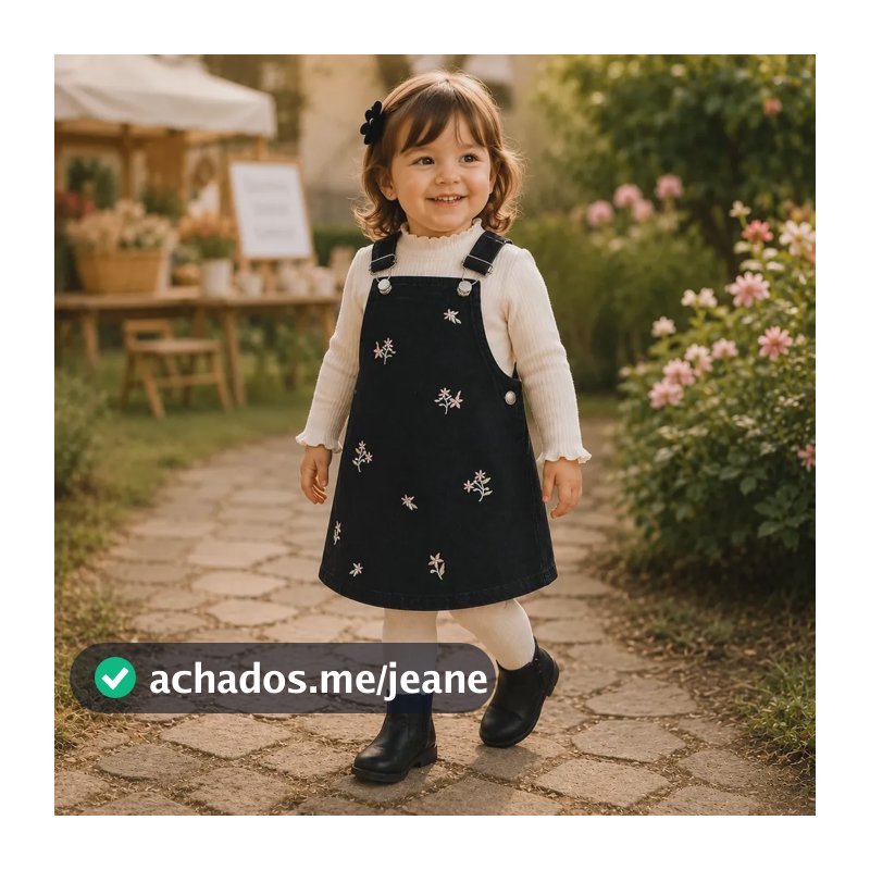 Vestido Jardineira Infantil Jeans Black Floral Inverno 1 A 3 Preto Liso 01
