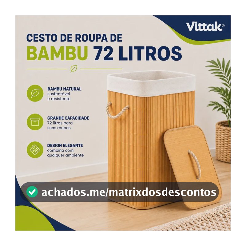 Vittak Cesto De Roupa Bambu 72 Litros Liso Dobrável Retangular Com Tampa E Forro