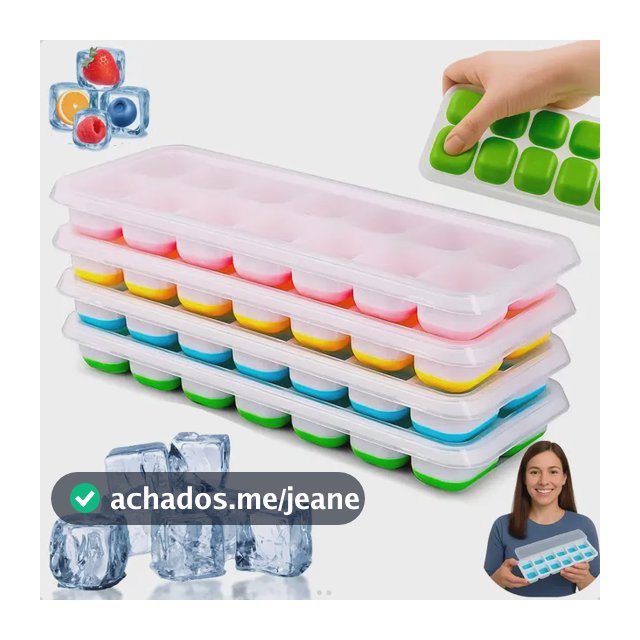 Kit 4 Forma De Gelo Fundo Silicone 14 Cubos Tampa Rígida