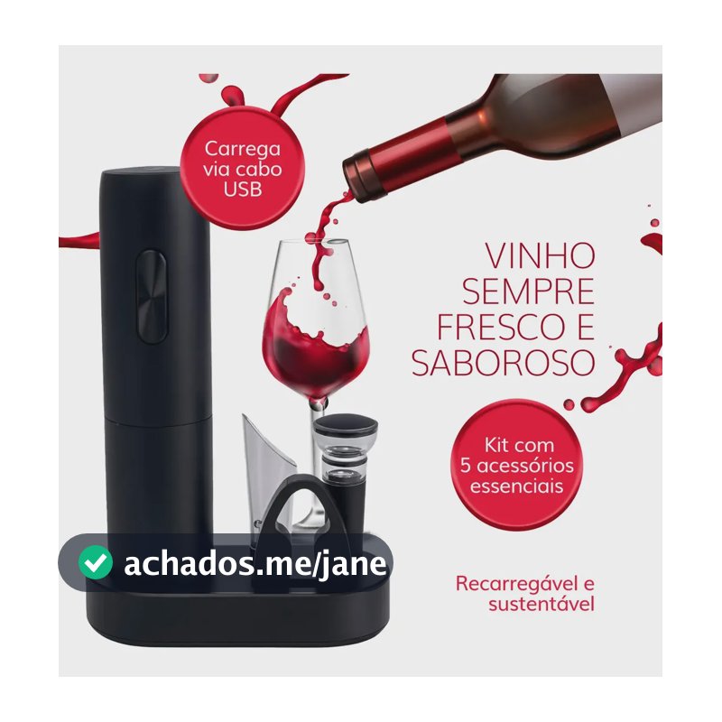 Kit Abridor De Vinho Elétrico Recarregável Usb - Saca Rolhas Preto Com Base