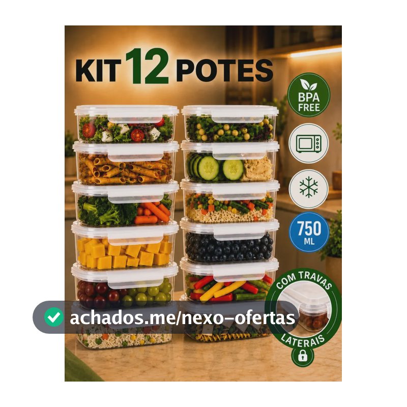 Kit 12 Potes Plásticos 750ml Para Alimentos Hermético Freezer Microondas Marmita Sem Bpa Organizador Com Tampa E Travas Peculiari