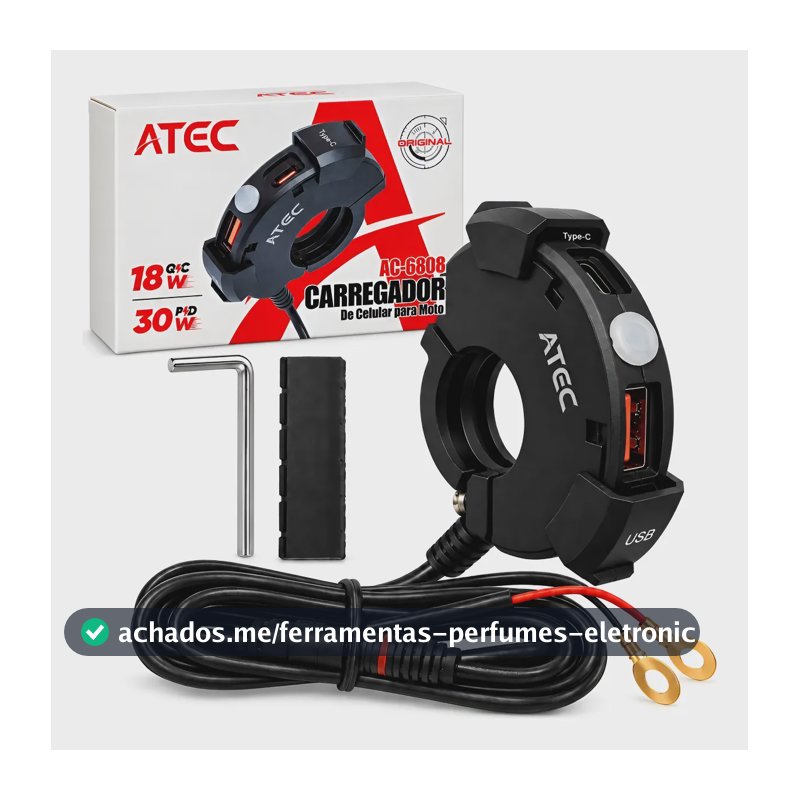 Carregador Moto Atec Usb Qc 18w Usb-c Pd 30w 12v Interruptor