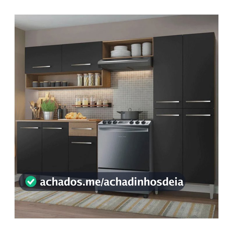Armário de cozinha modulada completa compacta Emilly pop com armário e balcão cor rustic/preto GREM229002