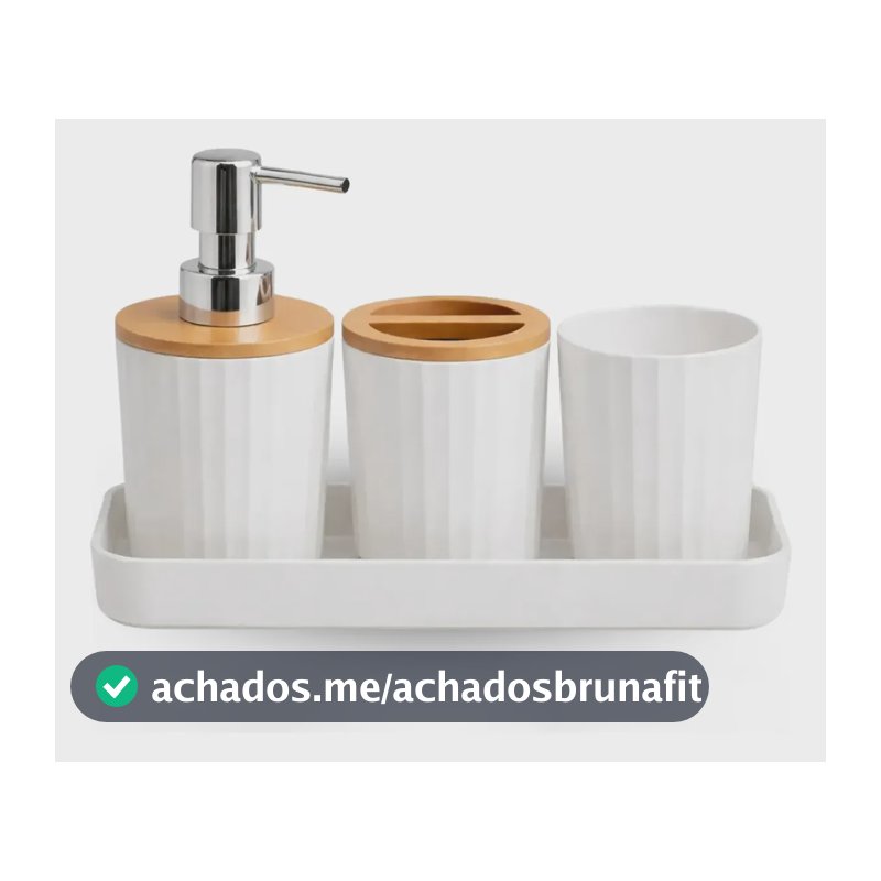 Kit Banheiro 4 Peças Dispenser Bambu Organizador Banheiro Branco
