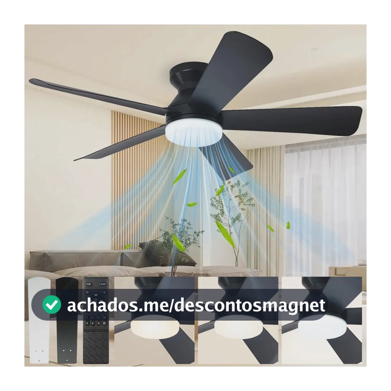 Ventilador de Teto 42" Com Luz LED, 5 Pás, Motor Silencioso e Controle Remoto Para Sala ou Quarto